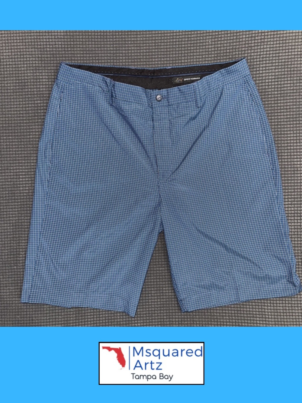 Greg Norman Golf Shorts Mens 36 Blue Check Stretch Performance Casual